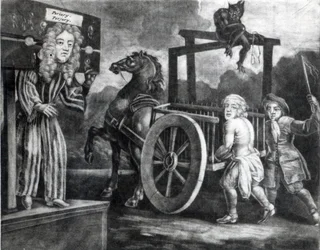 Titus Oates en el tercer día de su castigo en 1685, cuando fue desnudado, atado a un carro y azotado desde Aldgate hasta Newgate